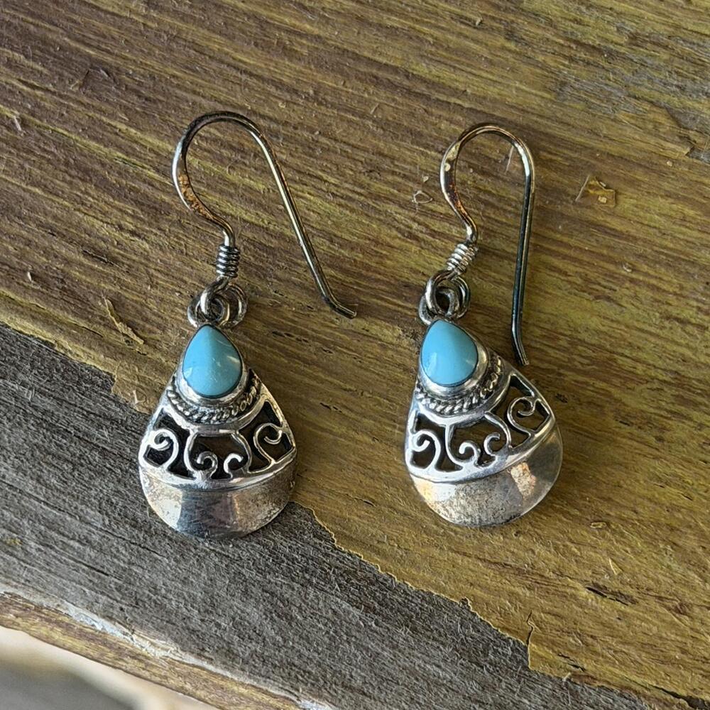 Vintage 925 Sterling Silver Turquoise Teardrop Filigree Dangle Earrings Boho Y2K